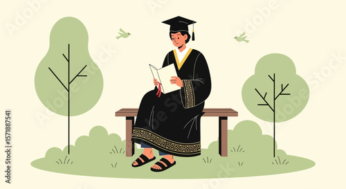 Graduate Student Reading On A Bench In Nature At University Campus
