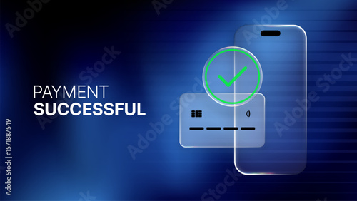 Payment successful text with a credit card, a smartphone, and a green checkmark, illustrating mobile transaction security.