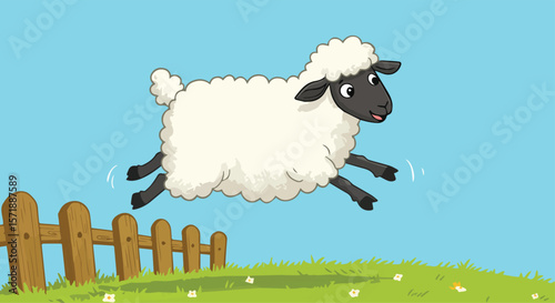 Cute Cartoon Lamb Jumping Over Fence on Green Meadow