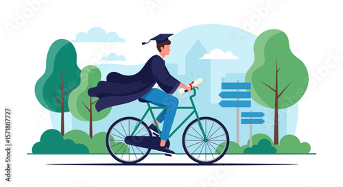 Graduate Student Rides Bike With Diploma After Successul Degree Completion