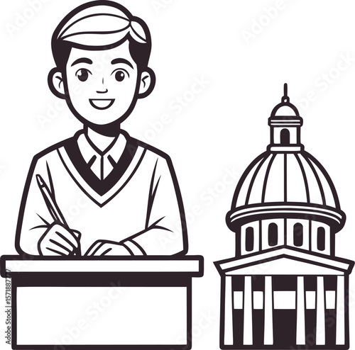 Young boy writing at a desk next to a domed building illustration school education
