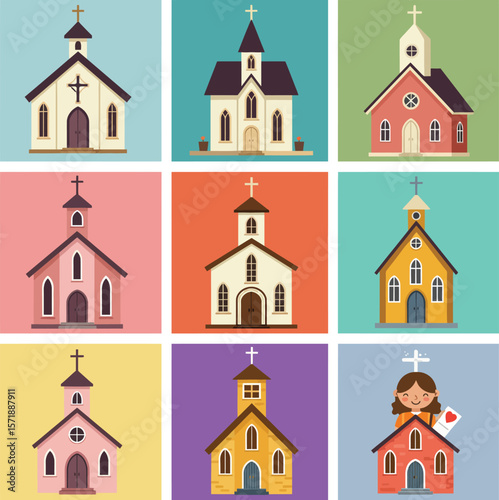 Collection of Church Buildings, Priest, Nun, and Parishioners.

