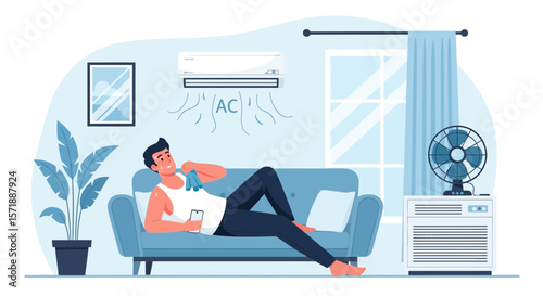 Cooling Down At Home A Young Man Relaxes With Air Conditioning