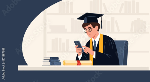 Graduate Student Using Phone After Graduation In An Academic Setting Illustration