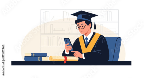 Graduate Student Using Smartphone After Receiving Diploma And Achievement Celebration