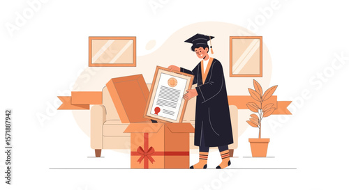 Excited Graduate Receiving Diploma Gift In Decorated Home Setting Vector