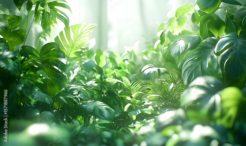 Lush tropical foliage with bright sunlight filtering through lea