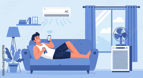 Cooling Down With Air Conditioning And Fan For Summer Comfort Illustration