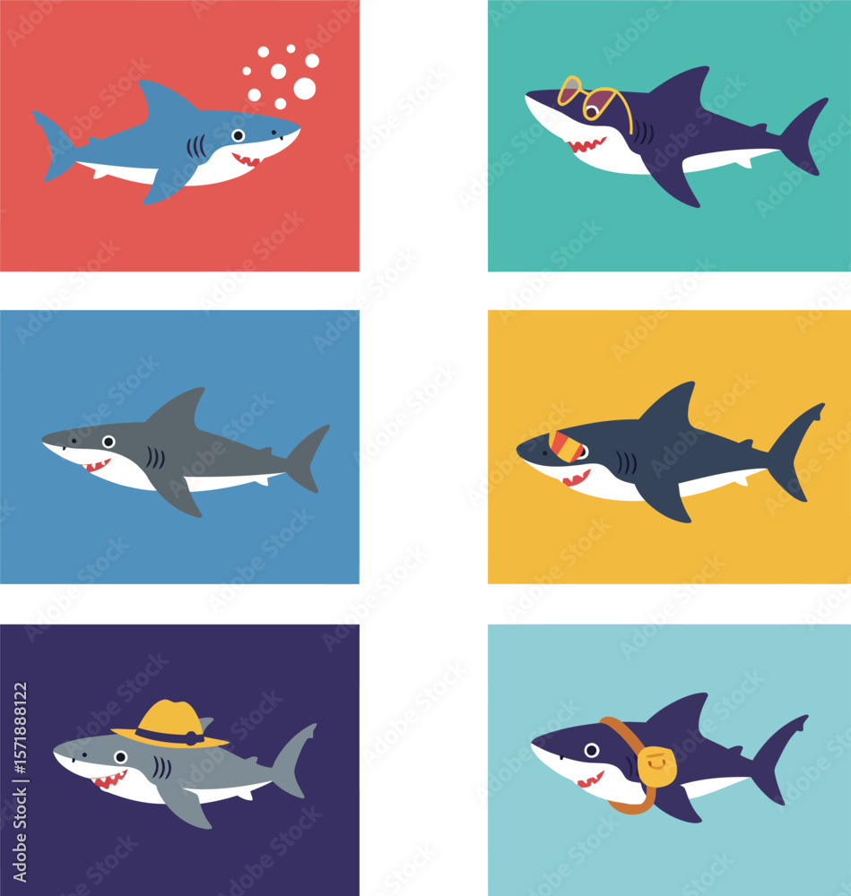 Naklejka premium Cute Shark Character and Icon Set. Funny Cartoon Sharks with Summer Accessories. Sea Animal Mascots for Vacation 