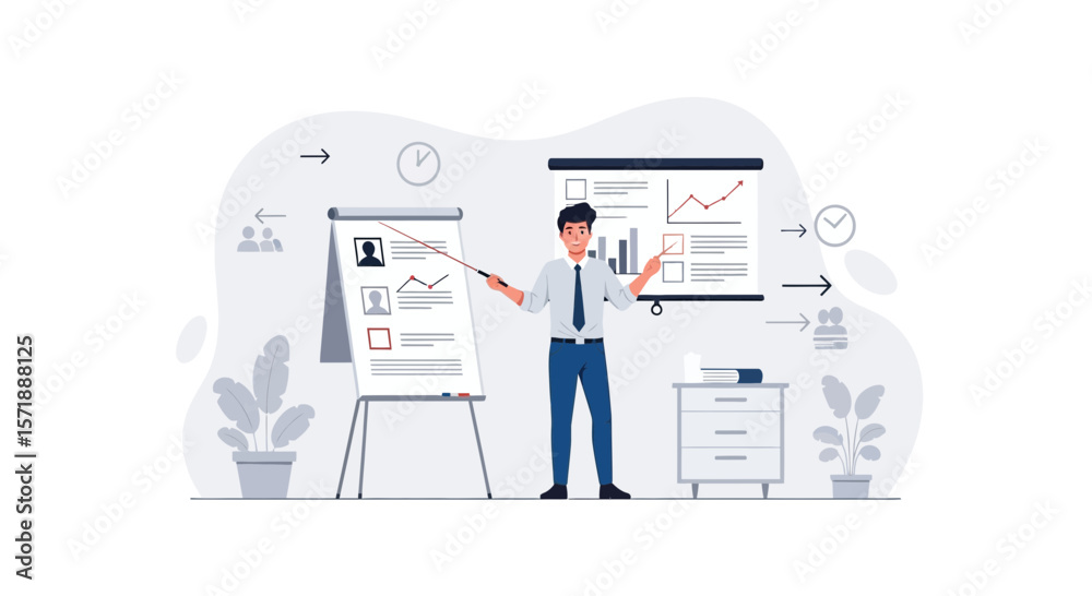 Fototapeta premium Business Presentation And Project Explanation With Modern Whiteboard In Office