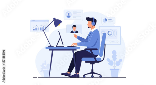 Business Person Working From Home With A Headset On His Head And A Computer