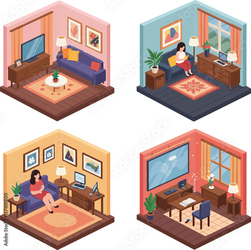 Isometric Room Interior and Furniture Set.
Collection of Living Room Scenes in Isometric View.