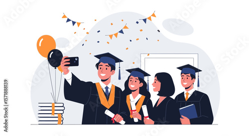 Graduates Celebrating Academic Achievements Taking Selfies In Graduation Ceremony