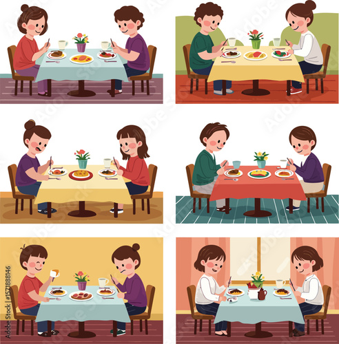 Family Eating Dinner Together. Illustration Set.
Collection of People Having a Meal at the Dining Table.