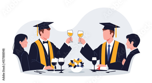Graduates Celebrate Achievement With A Dinner Toasting New Beginnings Vector Art