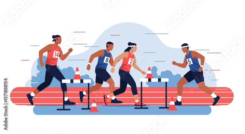 Diverse Athletes Competing In Hurdles Race Vector Illustration Design