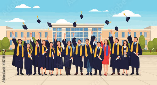 Excited Graduation Day Celebration: Students Tossing Caps In The Air On Campus