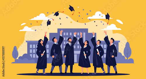 Graduates Celebrating University Degree With Caps Flying Against Building
