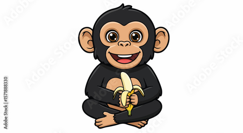 Cute Cartoon Monkey Sitting and Holding Bananas