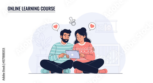 Expecting Couple Bonding With Online Parenting Resources on Tablet At Home
