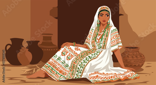 Beautiful Woman in Traditional Dress Sitting with Clay Pots