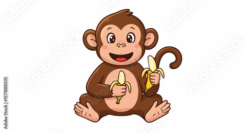 Cute Cartoon Monkey Sitting and Holding Bananas