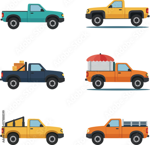 Collection of Various Pickup Trucks.
Set of Different Truck Models. Flat Design Vector Illustrations.