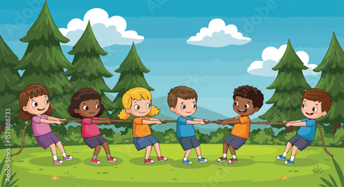 Diverse Group of Children Playing Tug of War Outdoors