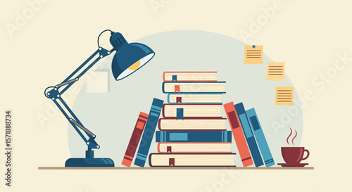 Cozy Study Corner With Books Lamp And Coffee Illustration Graphic Style