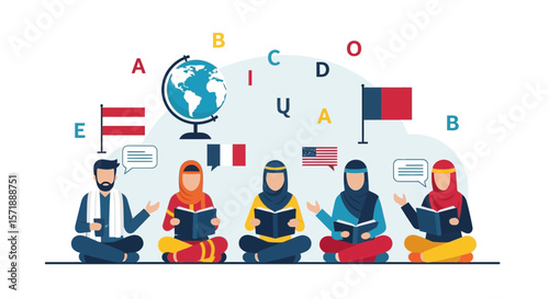 Diverse Language Students Study Together With Flags And Globe Concept Illustration