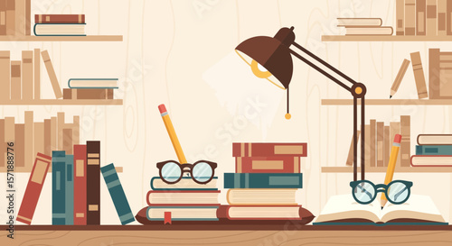 Cozy Study Nook With Bookshelf Lamp And Reading Accessories Concept Illustration