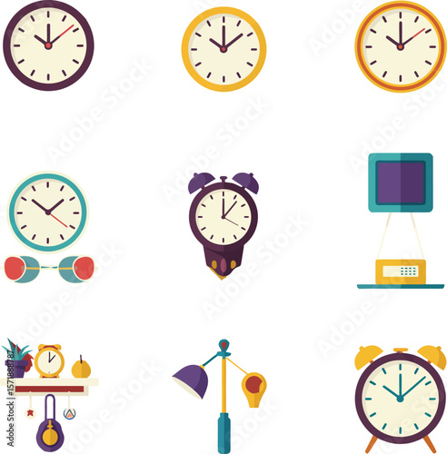 Clock and Time Icon Collection, Set of Various Clocks: Wall Clock, Alarm Clock, and Decor.
