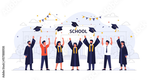 Graduation Celebration Vector Illustration With University Students In Graduation Gowns