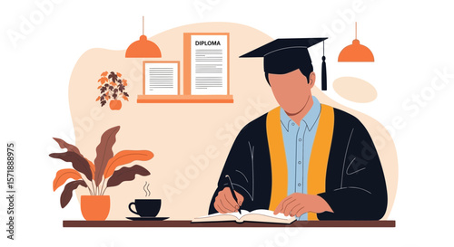 Graduation Celebration Writing Notes In The Home Office Study Minimalist Vector