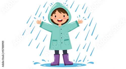 Happy Child Playing in the Rain with Raincoat and Boots