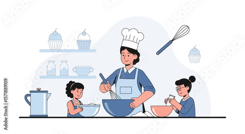 Family Baking Together Home Kitchen Concept Happy Mother With Children Preparing Food