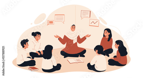 Diverse Students Engaged In Learning With Hijab-Wearing Teacher Discussion