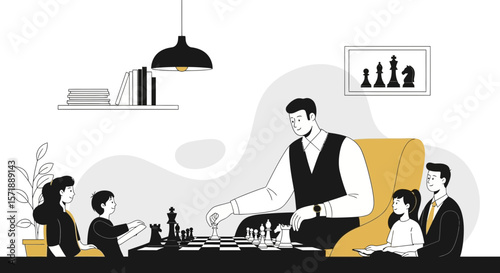 Family Concentrated On A Chess Game Enjoying Quality Time Indoors Together