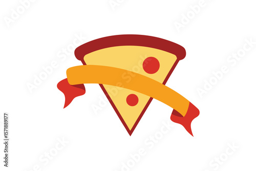 Pizza Slice With Curled Ribbon In Front On White Background