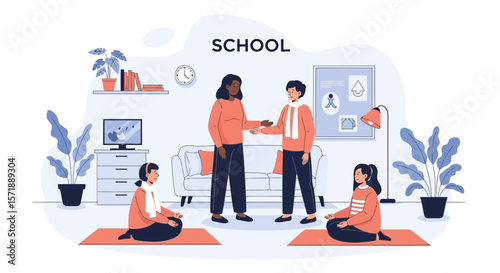 Diverse Students Practice Mindfulness With Teacher In Calming Classroom Setting