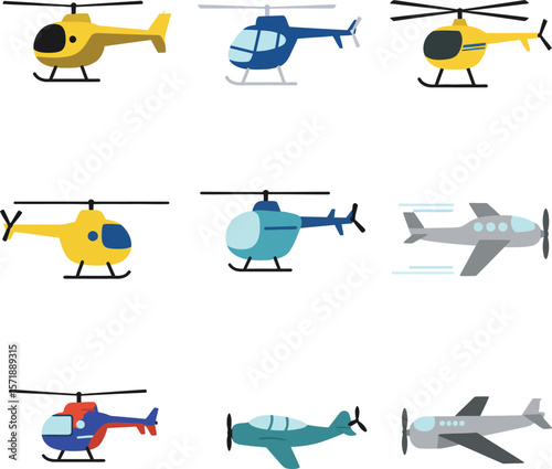 Aviation and Transportation Icons. Set of Colorful Helicopters and Planes.