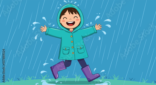 Happy Child Playing in the Rain with Raincoat and Boots