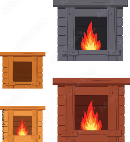 Cozy Home Interior Elements. Fireplace with Stone and Wood Finish.