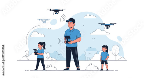Family Fun With Drones Remote Flying Father Teaches Children Enjoying Outdoors