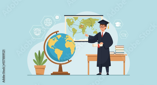 Graduation Ceremony Geography Expertise Map Globe Depicting Academic Success