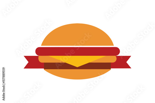 Hamburger With Flat Label Ribbon In Front On White Background