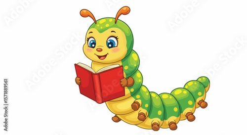 Cute Cartoon Caterpillar Reading a Book