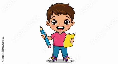 Cartoon Schoolboy Holding Pencil and Notebook in Different Poses