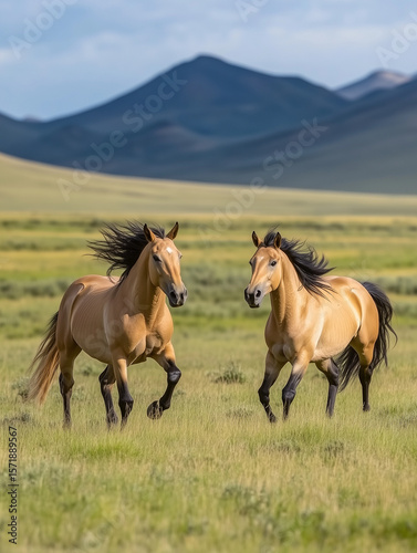 Two wild horses running free in a vast grassland with majestic mountains