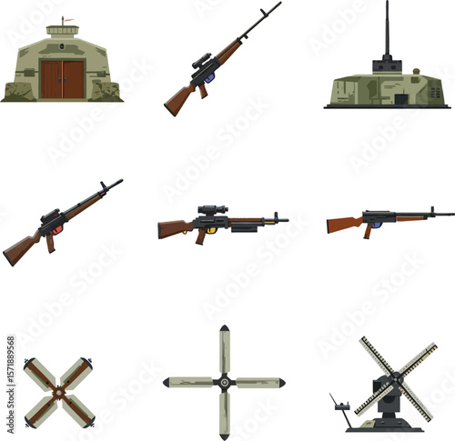  2D Military Game Assets. WW2 Army Weapons and Vehicles Icon Collection.

